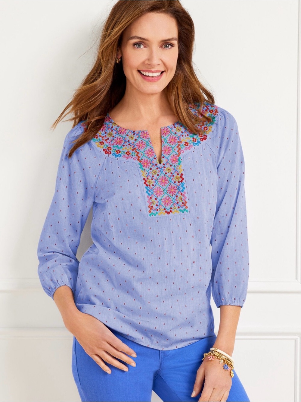 Talbots 1XP Blue Chambray Embroidered Peasant Blouse Floral Boho 3/4 Sleeve Top